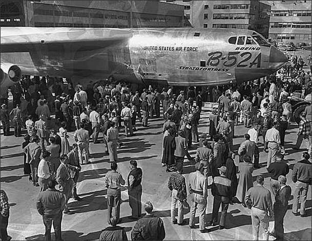 Boeing shows off its first production B-52A in 1954. Photo: Seattle Post-Intelligencer Collection,  Museum Of History & Industry 1986.5.180 / SL