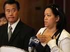 With San Francisco mayoral candidate State Sen. Leland Yee, D-San Franicsco beside her, purported eyewitness Linda Dudley talks about alleged voting fraud by acting San Francisco Mayor and mayoral candidate Ed Lee during a new conference on Monday, Oct. 24, 2001, in San Francisco, Calif.