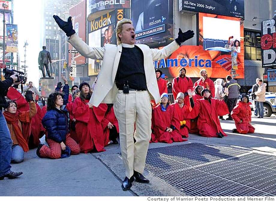 Reverend Billy preaching in Times Square.�
 Courtesy of Warrior Poets Production and Werner Film.