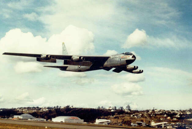 Boeing's B-52 Stratofortress bomber prototype for the U.S. Air Force takes off on its first flight, on April 15, 1952 at Boeing Field in Seattle. Photo: The Boeing Co. /
 SL