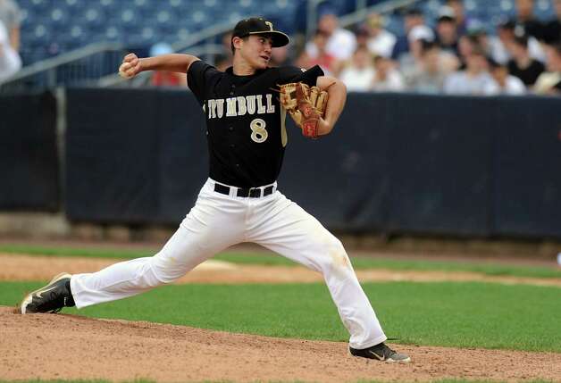Trumbull's Colin Keyes pitches during Saturday's FCIAC baseball championship game at the Ballpark at Harbor Yard in Bridgeport on May 26, 2012. Photo: Lindsay Niegelberg / Stamford Advocate