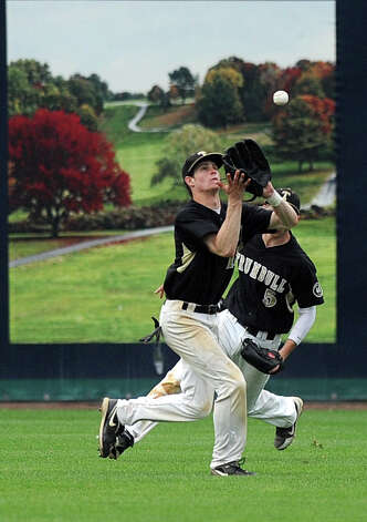 Trumbull's Joey Forren makes a catch during Saturday's FCIAC baseball championship game at the Ballpark at Harbor Yard in Bridgeport on May 26, 2012. Photo: Lindsay Niegelberg / Stamford Advocate