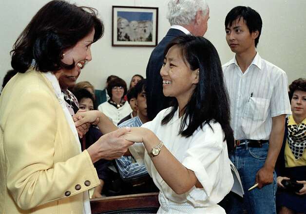 Rep Nancy Pelosi D-Calif., Chariwoman of the Congressional Working Group on China, left, greets Chai Ling a leader of the Chinese pro-democratic movemenet in Tiananmen Square before speaking to members of Congress on Capitol Hill Wednesday June 6, 1990. Chai lin recently escaped from China through France and is visiting the United States. Photo: Doug Mills, ASSOCIATED PRESS