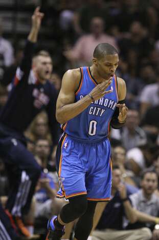 Oklahoma City Thunder's Russell Westbrook (0) reacts after hitting a three point basket during the first half of game two of the NBA Western Conference Finals in San Antonio, Texas on Tuesday, May 29, 2012. Edward A. Ornelas/Express-News (Edward A. Ornelas / San Antonio Express-News) / SA