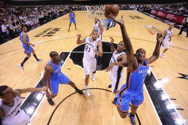 Oklahoma City Thunder's Serge Ibaka (9) drives to the basket during the first half of game two of the NBA Western Conference Finals in San Antonio, Texas on Tuesday, May 29, 2012. Edward A. Ornelas/Express-News (Edward A. Ornelas / San Antonio Express-News) / SA