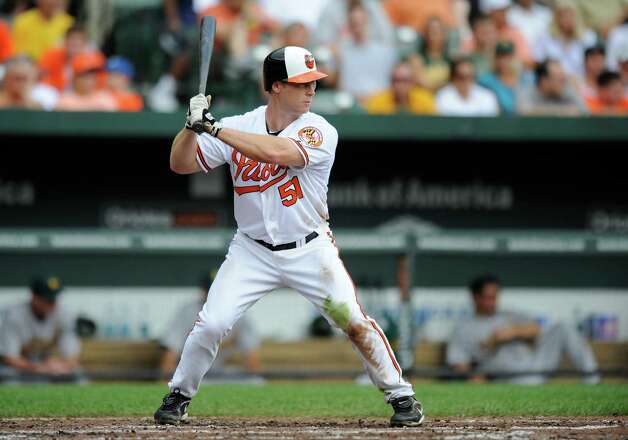Baltimore Orioles' Lew Ford bats during a MLB baseball game against the Oakland Athletics, Sunday, July 29, 2012, in Baltimore. (AP Photo/Nick Wass) Photo: Nick Wass, FRE / BE