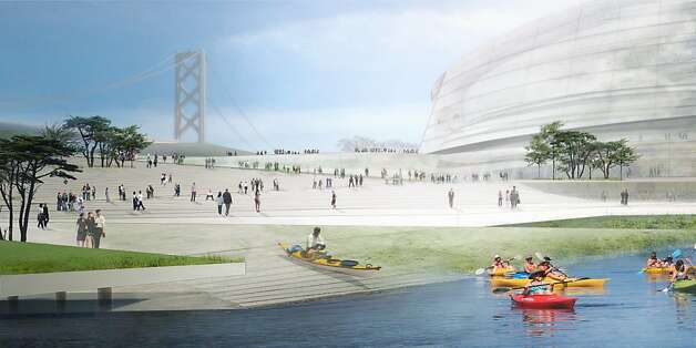 The Golden State Warriors' arena proposal for the San Francisco waterfront includes a 17,500-seat venue on the southeast corner of Piers 30-32, warehouse-like retail buildings along the Embarcadero, and roughly eight acres of terraced parks and plazas in-between. Photo: Sn¿hetta And AECOM/Golden State