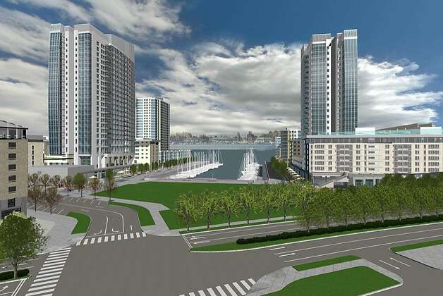A rendering of a redevelopment of 65 acres of waterfront property on the Oakland Estuary of San Francisco Bay, near Jack London Square. The project, called Brooklyn Basin, will consist of 3,100 residential units, approximately 200,000 square feet of retail and commercial space, and a marina with up to 200 boat slips. More than 30 acres have been set aside for waterfront parks and open space. Photo: -, Signature Development Group