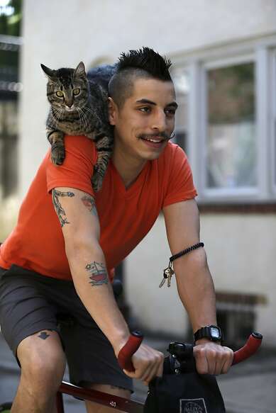 Meows on wheels: Instead of a helmet, Rudi Saladia wears a cat when he buzzes around P