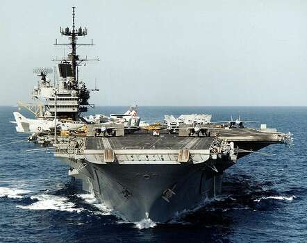 USS Saratoga (CV-60) under way in 1985. The historic aircraft carrier arrived in Brownsville on Friday and will be dismantled. Photo: Wikimedia
