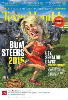 Wendy Davis, who lost the Nov. 4 gubernatorial election to Republican Greg Abbott, has won Texas Monthly magazine's coveted "Bum Steer of the Year" award for her "train wreck" of a campaign. Photo: Texas Monthly/Twitter
