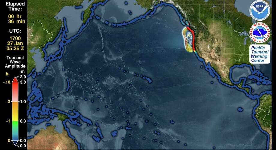 Snapshot of an animation by the Pacific Tsunami Warning Center on Friday, Jan. 22, showing the simulated motion of the waves and as they race around the globe. You can see the distance between successive wave crests (wavelength) as well as their height (half-amplitude) indicated by their color. From the beginning the animation shows all coastlines covered by colored points. These are initially a blue color like the undisturbed ocean to indicate normal sea level, but as the tsunami waves reach them they will change color to represent the height of the waves coming ashore, and often these values are higher than they were in the deeper waters offshore. The color scheme is based on PTWC’s warning criteria, with blue-to-green representing no hazard (less than 30 cm or ~1 ft.), yellow-to-orange indicating low hazard with a stay-off-the-beach recommendation (30 to 100 cm or ~1 to 3 ft.), light red-to-bright red indicating significant hazard requiring evacuation (1 to 3 m or ~3 to 10 ft.), and dark red indicating a severe hazard possibly requiring a second-tier evacuation (greater than 3 m or ~10 ft.). Photo: Image, Caption By Pacific Tsunami Warning Center