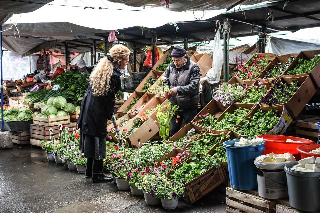 Customers survey the produce at the Green Market in Pristina. Photo: Margo Pfeiff, Special To The Chronicle