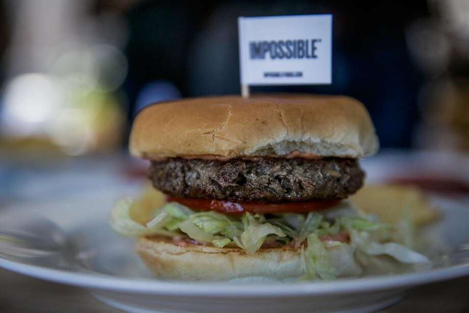 A non-meat burger made by Impossible Foods rests on a plate before being tasted, during a press event at the Impossible Foods headquarters in Redwood City, California, on Thursday, Oct. 6, 2016. Photo: Gabrielle Lurie, The Chronicle