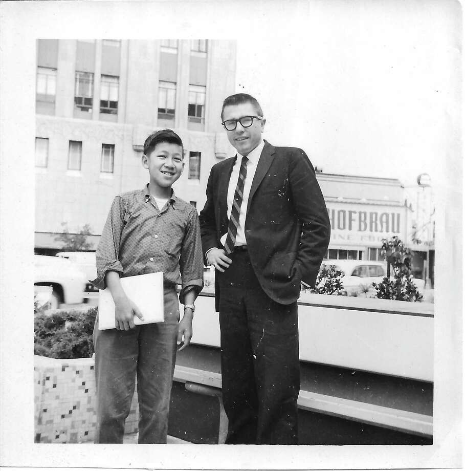 Young Ben Fong-Torres with then-morning DJ Gary Owens outside KEWB radio station, circa 1960.