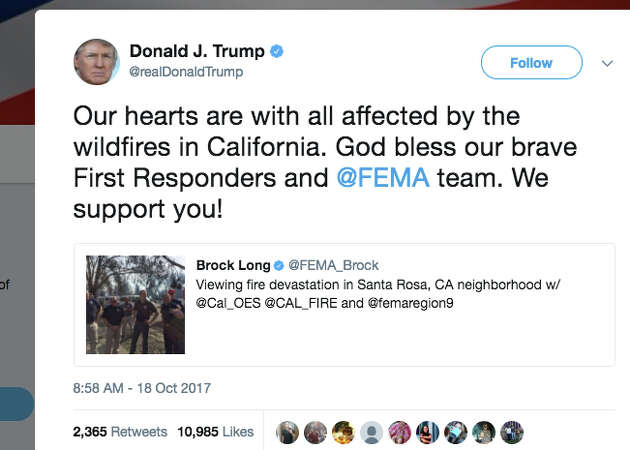President Trump sends first tweet about Wine Country fires, 10 days after fires first broke out