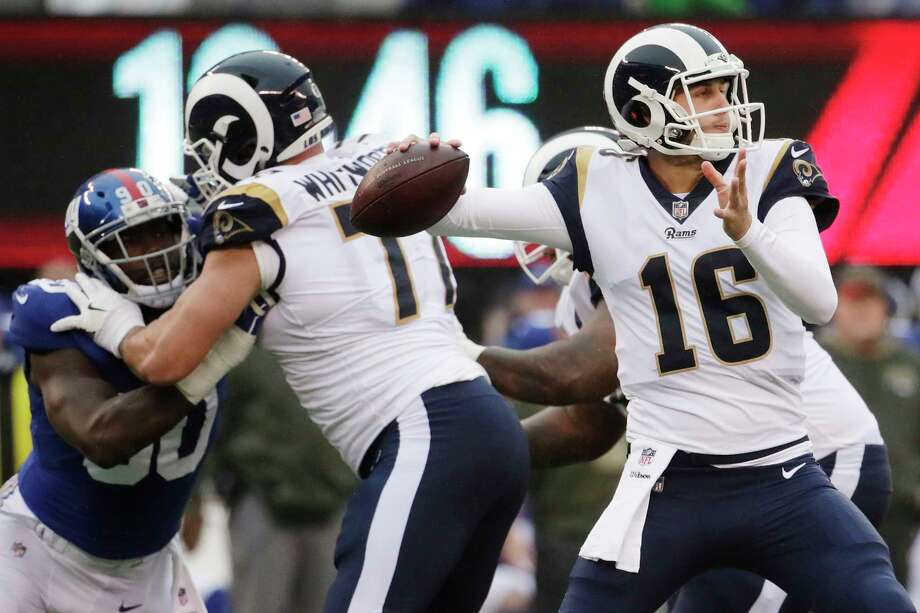 Quarterback Jared Goff, who struggled through a rough rookie season a year ago, is on top of his game for the Rams this season. Through eight games, Goff has pbaded for 2,030 yards and 13 touchdowns in getting the Rams off to a 6-2 start. Photo: Julio Cortez, STF / Copyright 2017 The Associated Press. All rights reserved.
